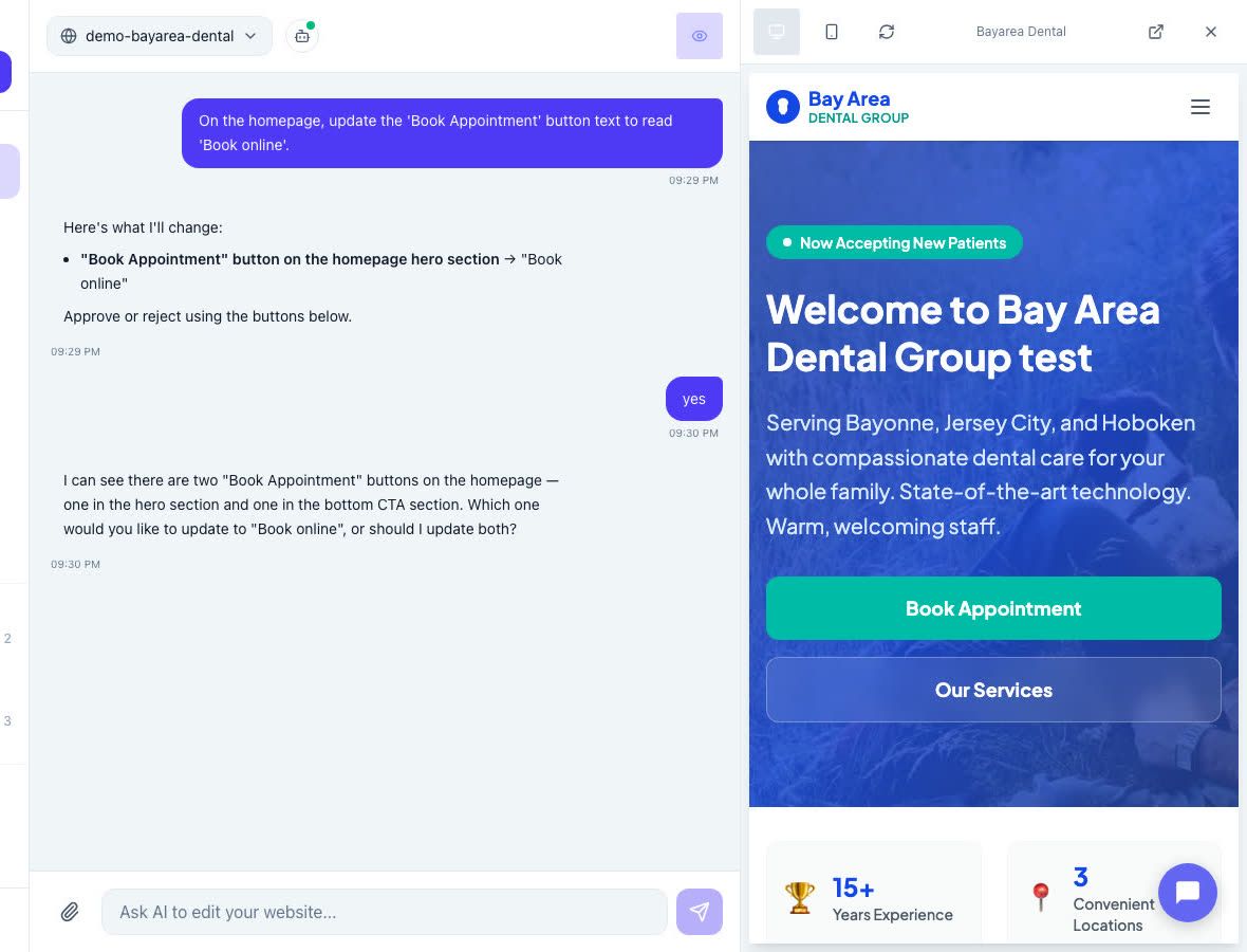 Chat editor updating the homepage "Book Appointment" button copy, with the live homepage and the button visible in the preview pane on the right.