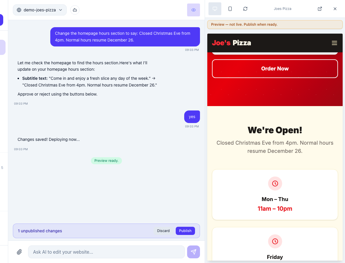 Chat editor showing the homepage hours section being updated, and the live homepage on the right displaying "Closed Christmas Eve from 4pm. Normal hours resume December 26." above the regular hours block.