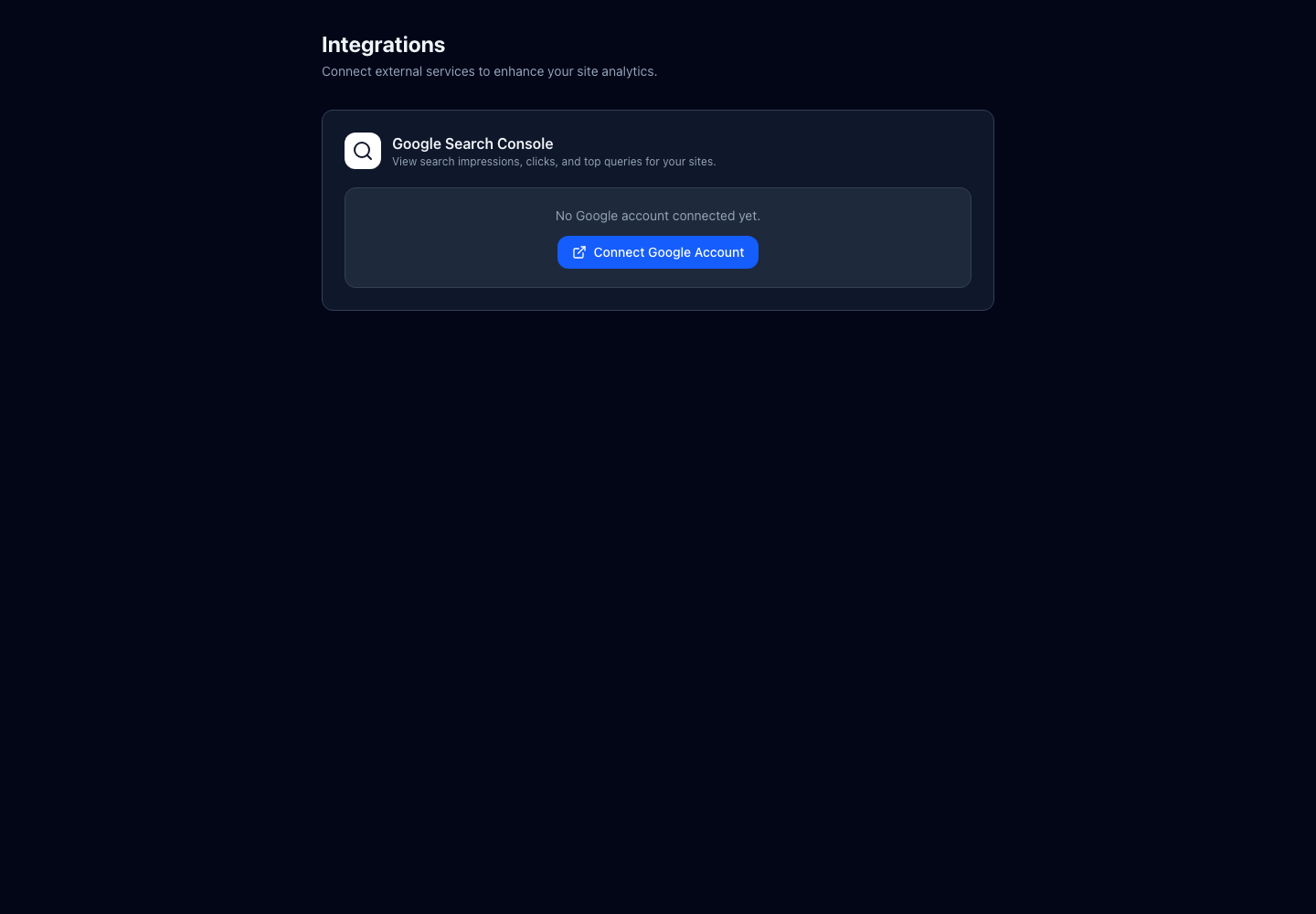 Settings Integrations page showing the Connect Google Account button before any account is linked