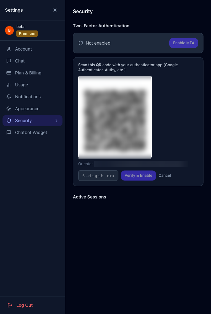 Settings Security tab showing two-factor setup with a QR code and 6-digit code entry