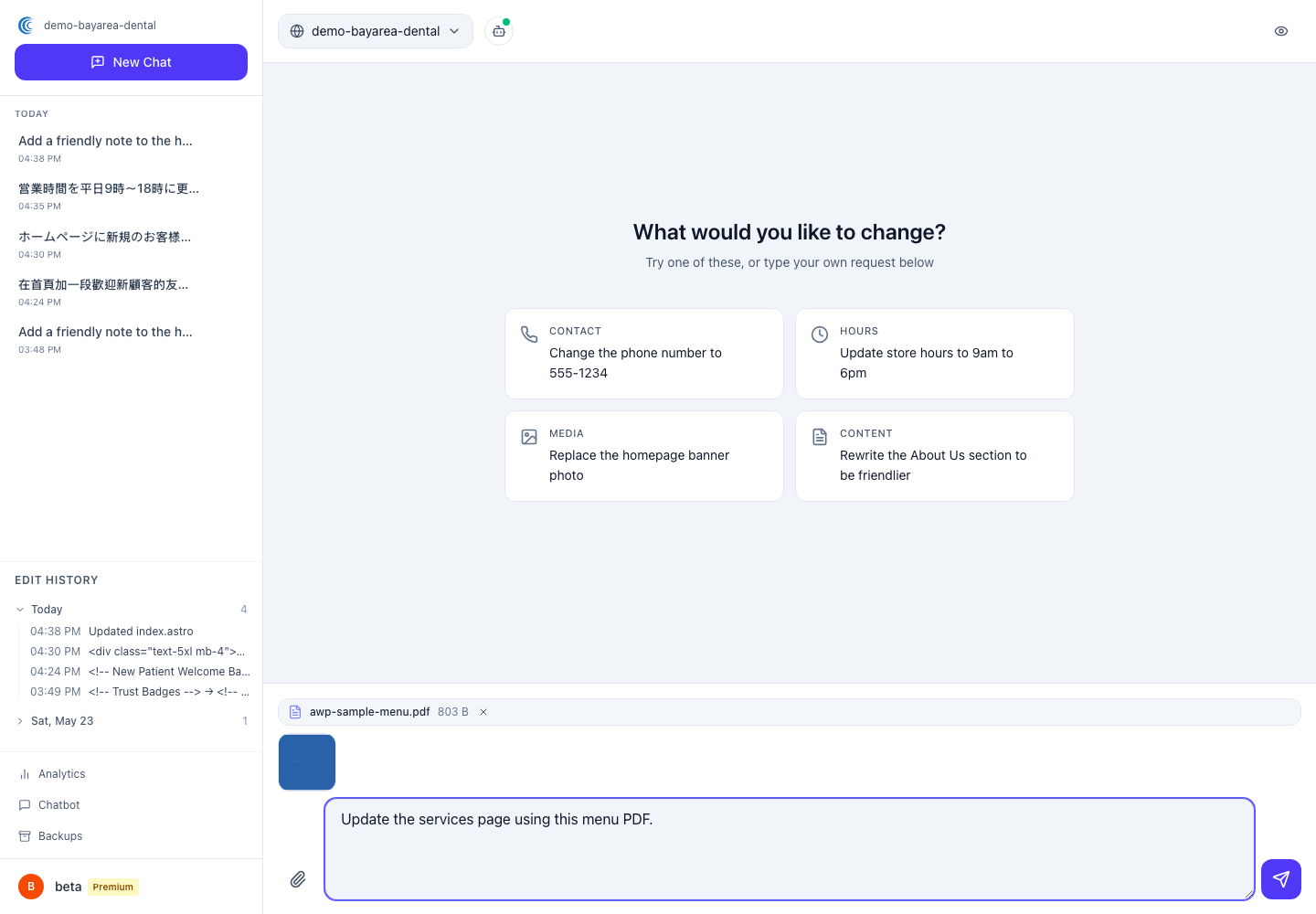 Chat with a PDF menu attached and an instruction to update the menu page from it