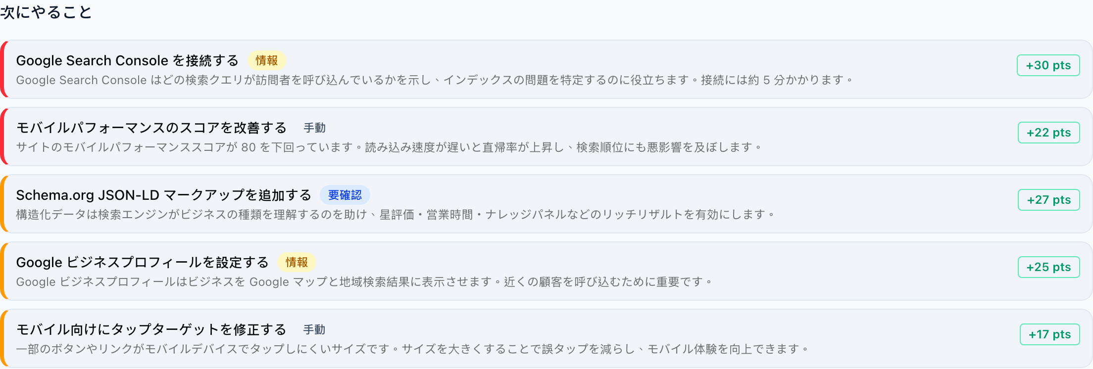AI インサイトの「次にやること」リスト。各推奨事項にタイプと、対処後に上がるスコアが表示されている